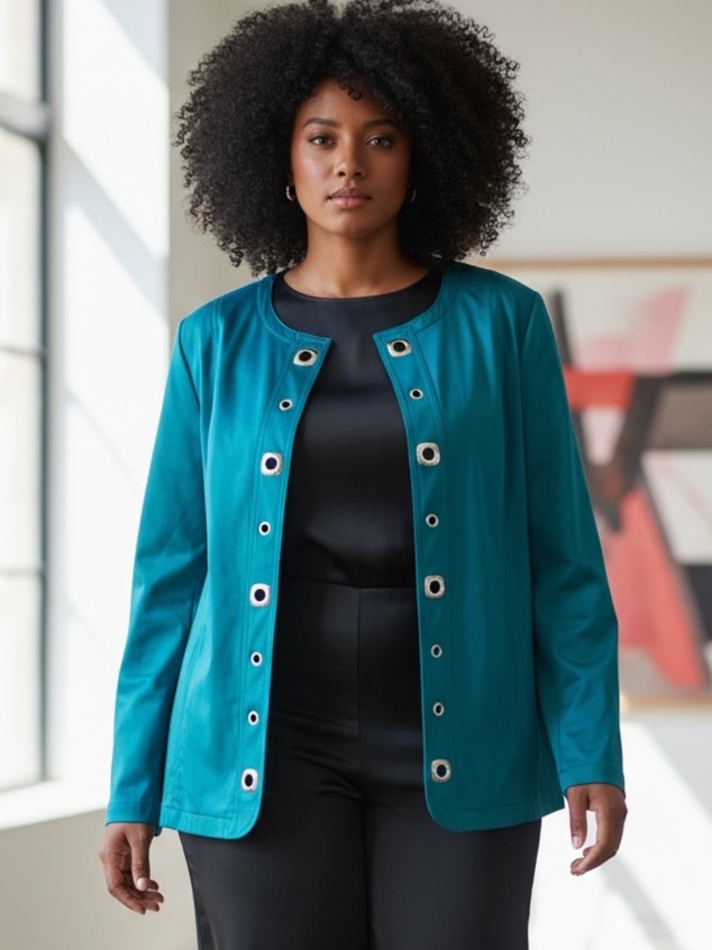 SUSAN GRAVER TEAL SILVER TONE GROMMET EYELET SATIN COTTON POWER BLAZER SZ 3X